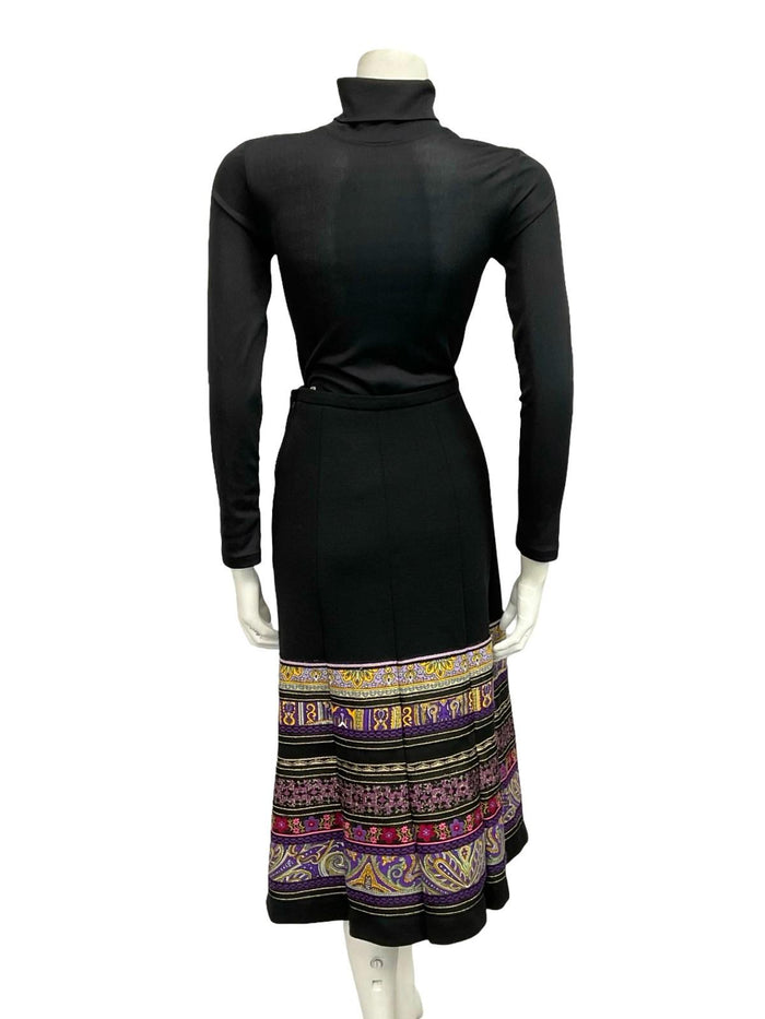 VTG 70S BLACK PURPLE YELLOW HIPPY FOLK FLORAL METALLIC TRIM QUILTED SKIRT 8
