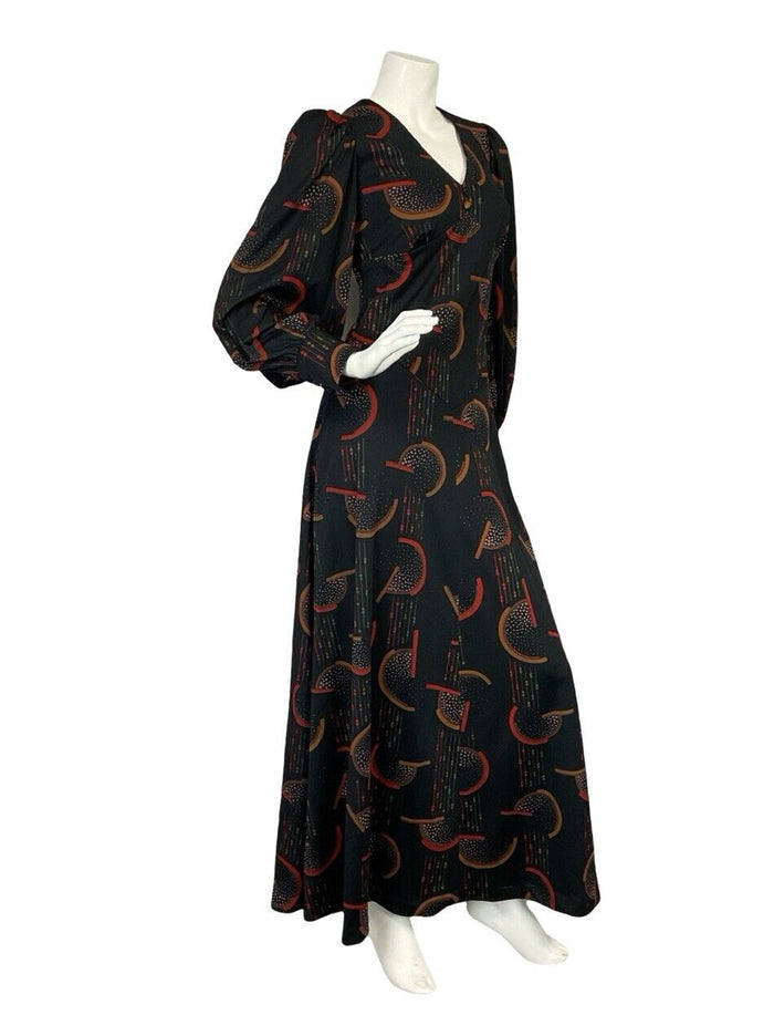 VTG 70S BLACK RED BROWN GEOMTRIC ROMNTIC BISHOP SLEEVE BASQUE WAIST MAXI DRESS 8