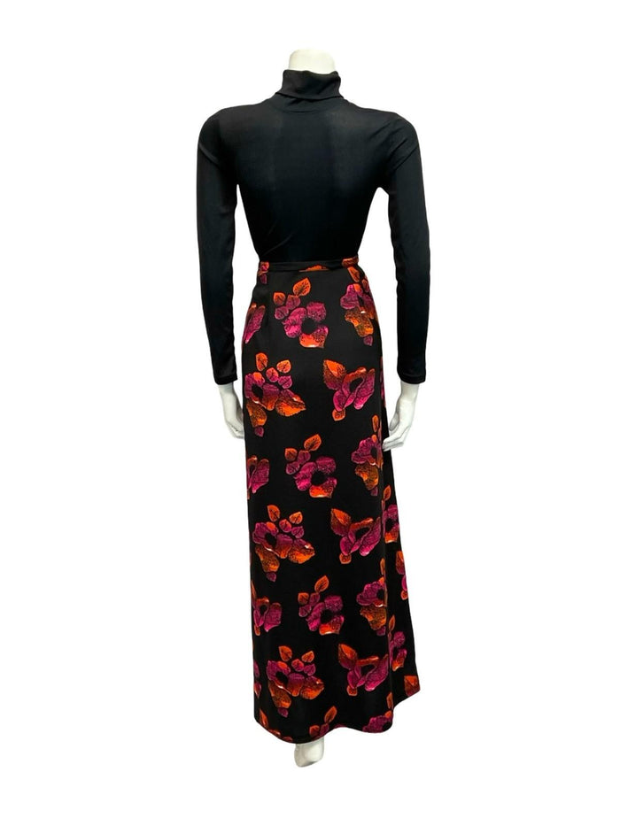 VTG 70S BLACK RED ORANGE FLORAL BOHO HIPPY MAXI SKIRT 10