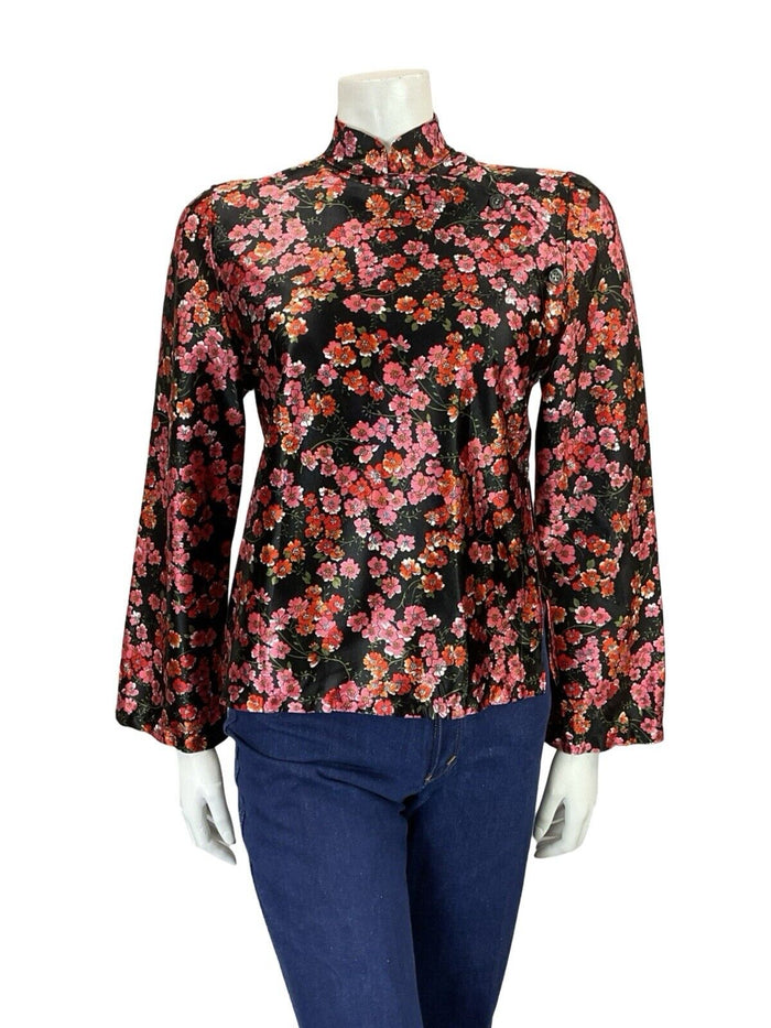 VTG 70S BLACK RED PINK FLORAL CHERRY BLOSSOM MANDARIN CHEONSAM TOP BLOUSE 8 10 S