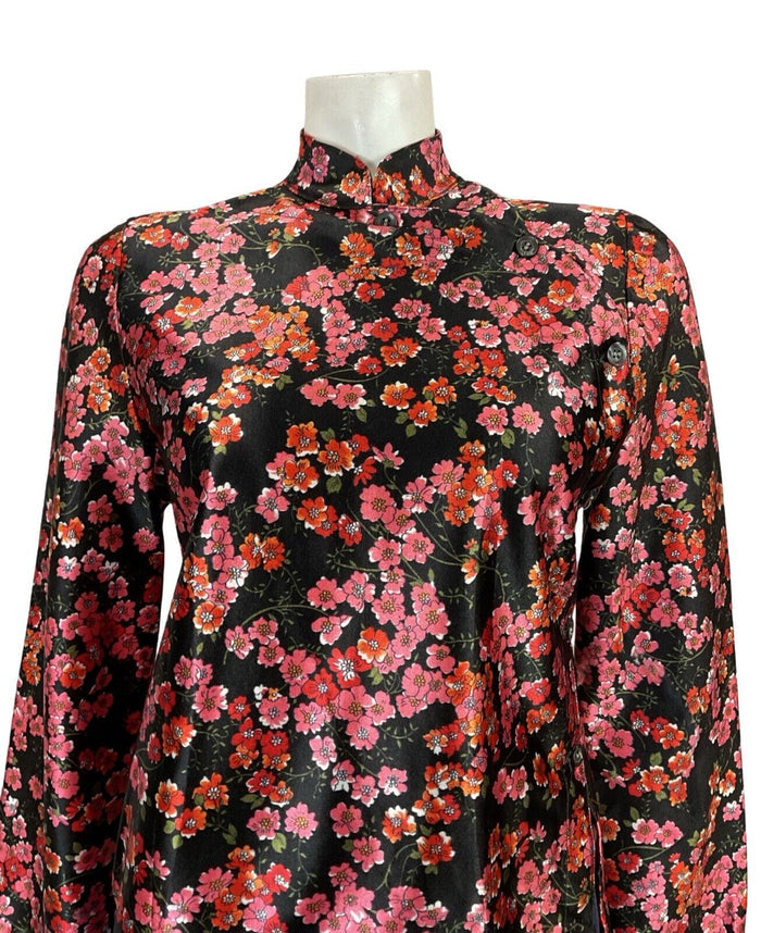 VTG 70S BLACK RED PINK FLORAL CHERRY BLOSSOM MANDARIN CHEONSAM TOP BLOUSE 8 10 S