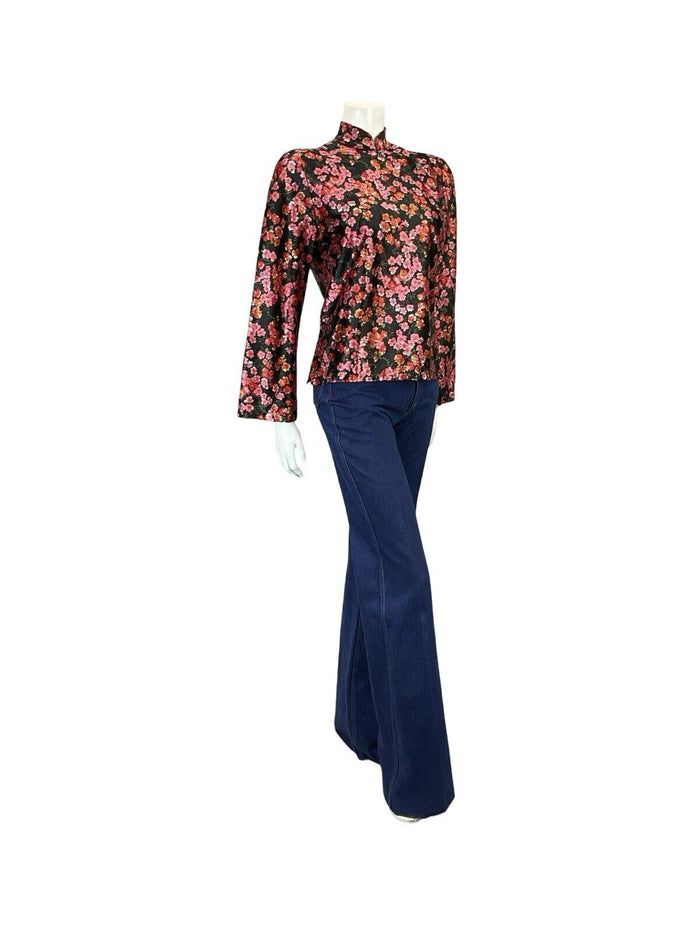 VTG 70S BLACK RED PINK FLORAL CHERRY BLOSSOM MANDARIN CHEONSAM TOP BLOUSE 8 10 S