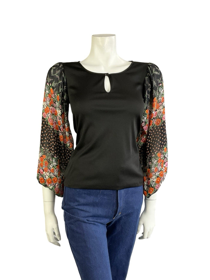 VTG 70S BLACK RED PINK GREEN BOHO FLORAL MESH BISHOP SLEEVE KEYHOLE TOP 6 8