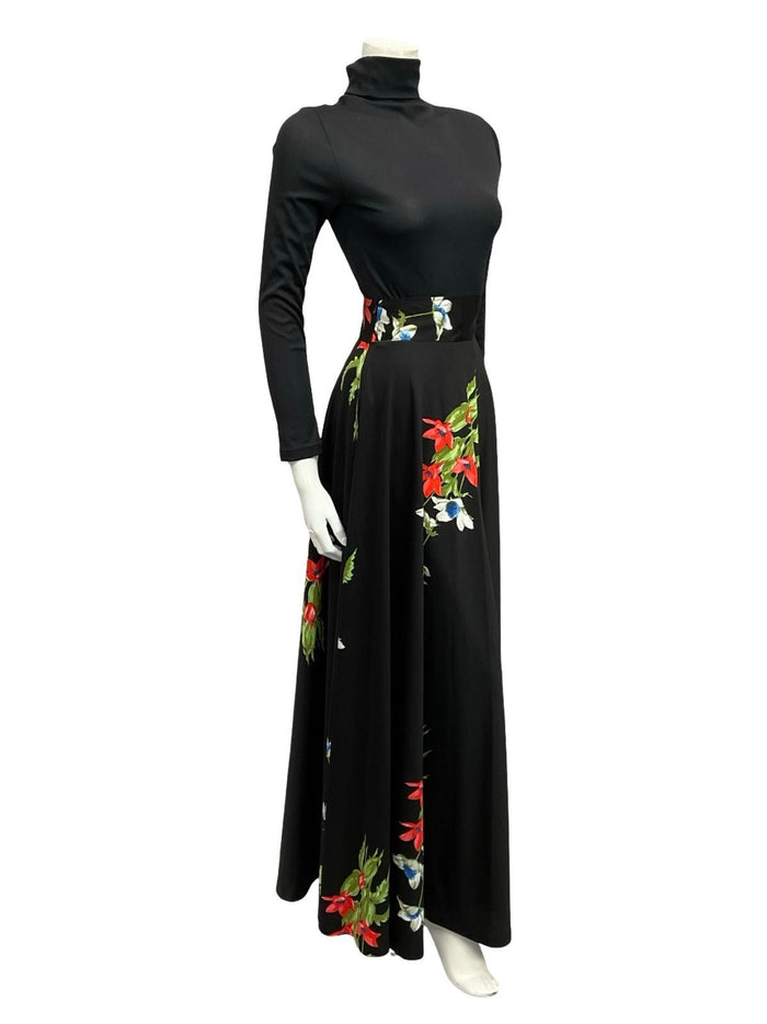 VTG 70S BLACK RED WHITE FLORAL BOHO CIRCLE MAXI SKIRT 4
