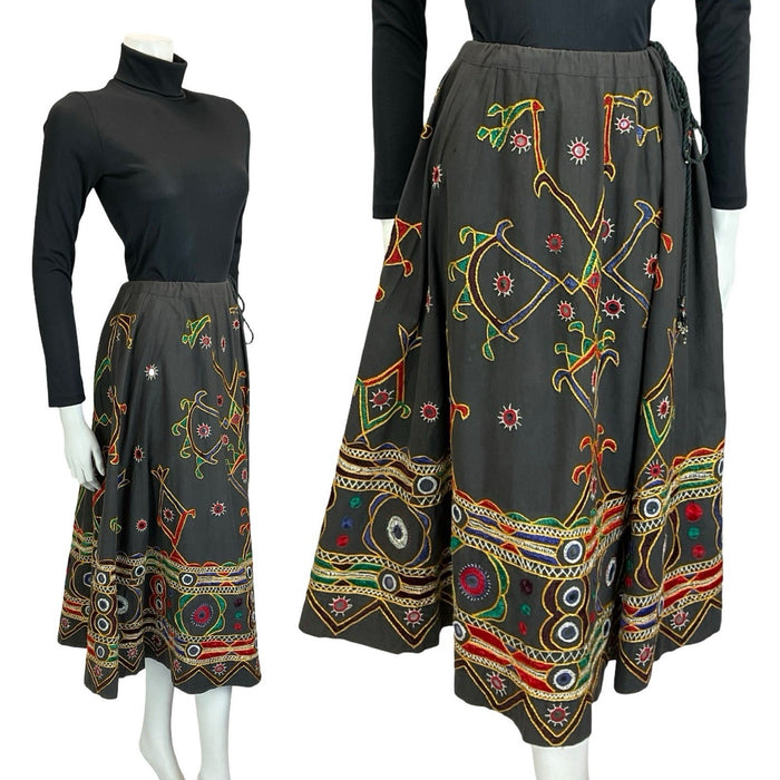 VTG 70S BLACK RED YELLOW BLUE GREEN HIPPY EMBROIDERED ROPE BELL SKIRT 12 14 16
