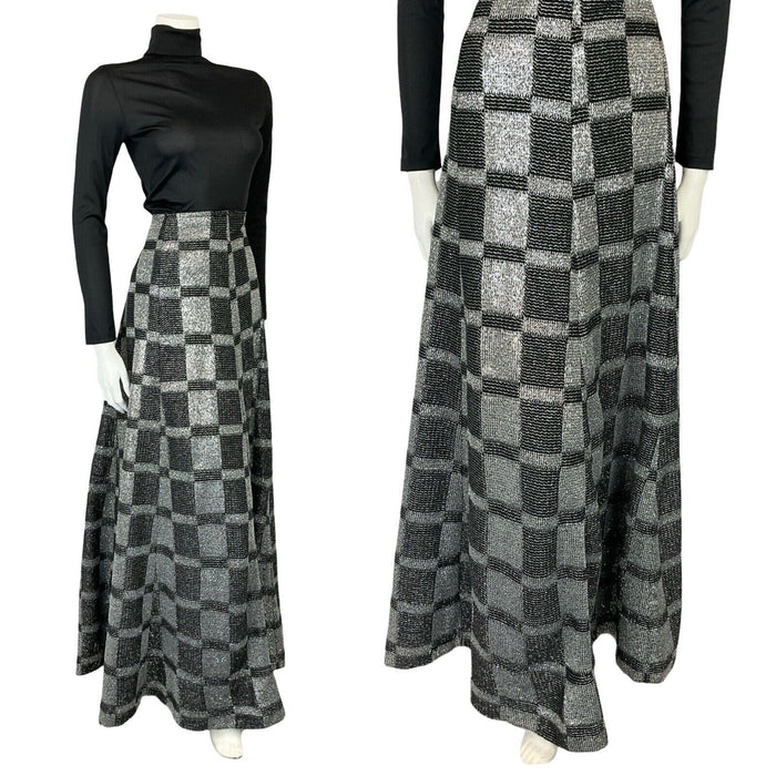 VTG 70S BLACK SILVER LUREX CHECKERBOARD DISCO PARTY MAXI A LINE SKIRT S 8 10
