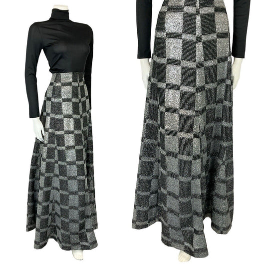 VTG 70S BLACK SILVER LUREX CHECKERBOARD DISCO PARTY MAXI A LINE SKIRT S 8 10