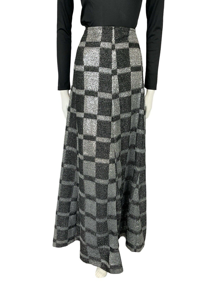 VTG 70S BLACK SILVER LUREX CHECKERBOARD DISCO PARTY MAXI A LINE SKIRT S 8 10