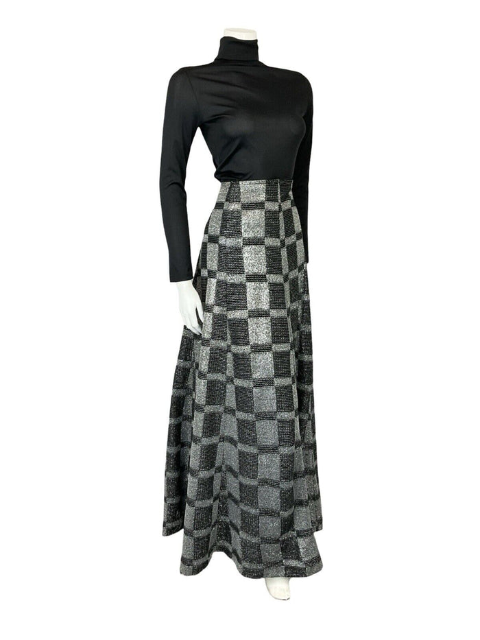 VTG 70S BLACK SILVER LUREX CHECKERBOARD DISCO PARTY MAXI A LINE SKIRT S 8 10