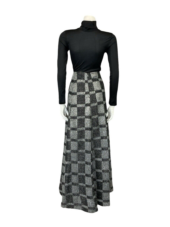 VTG 70S BLACK SILVER LUREX CHECKERBOARD DISCO PARTY MAXI A LINE SKIRT S 8 10