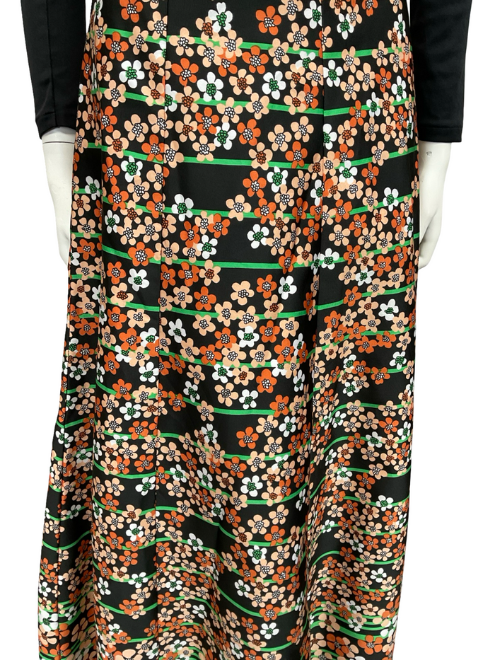 VTG 70S BLACK WHITE BROWN GREEN STRIPE FLORAL BOHO MAXI SKIRT 8