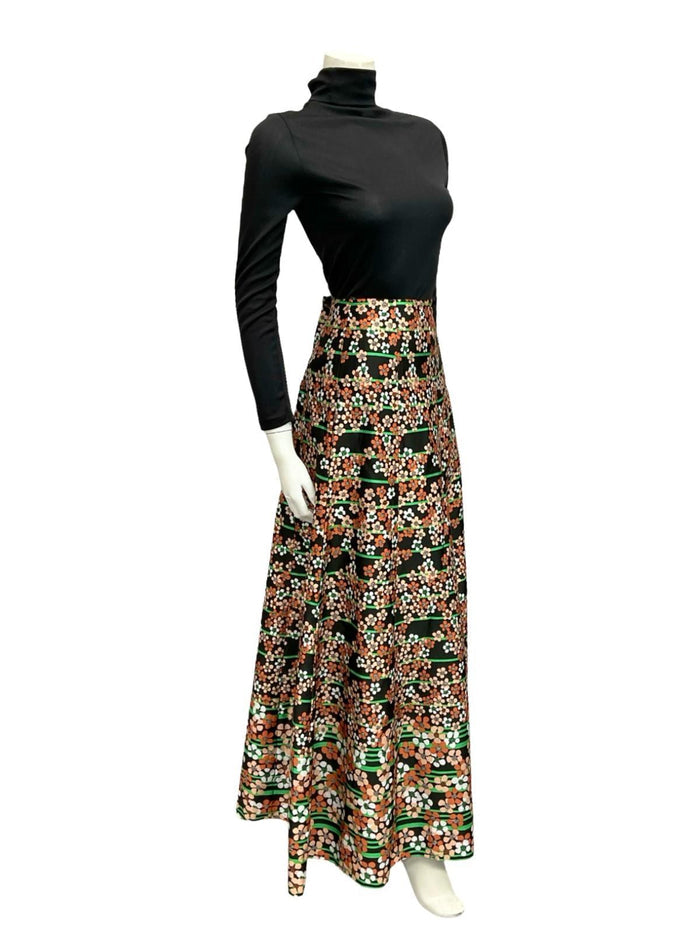 VTG 70S BLACK WHITE BROWN GREEN STRIPE FLORAL BOHO MAXI SKIRT 8