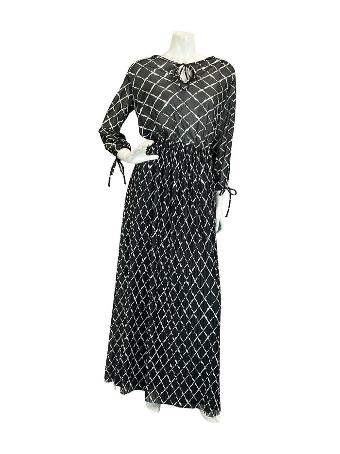 VTG 70S BLACK WHITE GEOMETRIC GRID BLOUSON KEYHOLE PLEATED MAXI DRESS 8