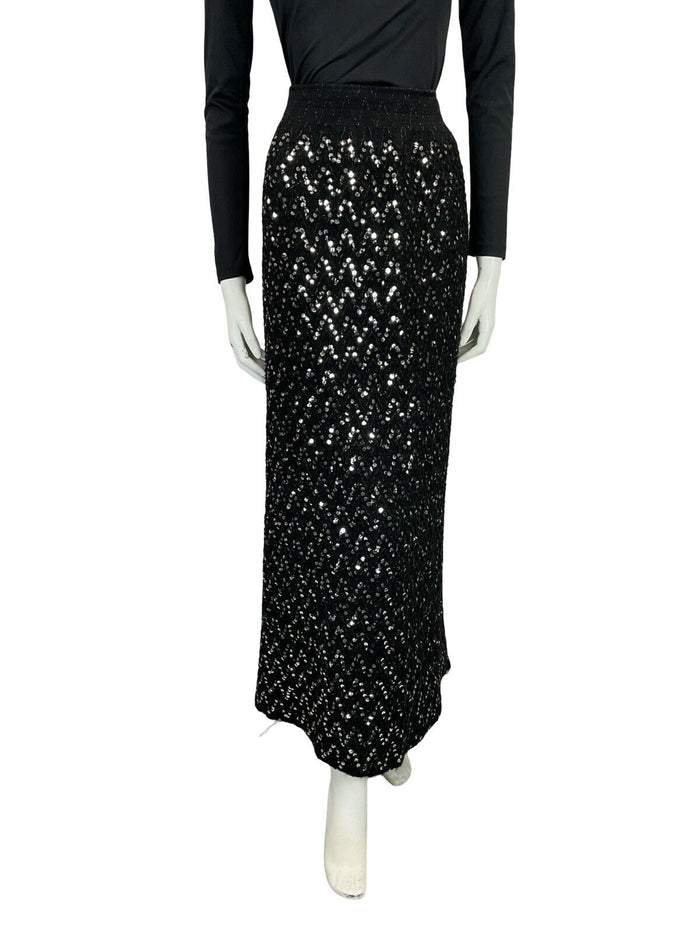 VTG 70S BLACK ZIG ZAG SEQUIN THICK KNITTED BLACK SILVER PARTY MIDI SKIRT 10 12