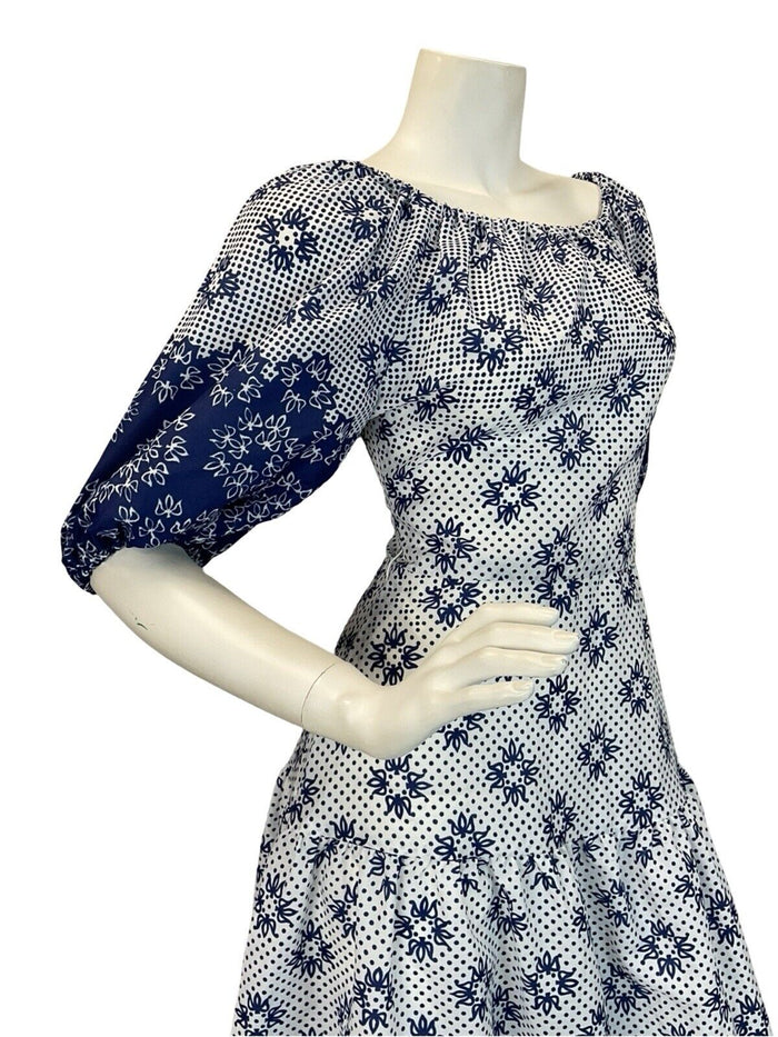 VTG 70S BLUE WHITE FLORAL PRINT SUMMER FOLK MAXI DRESS 6 8