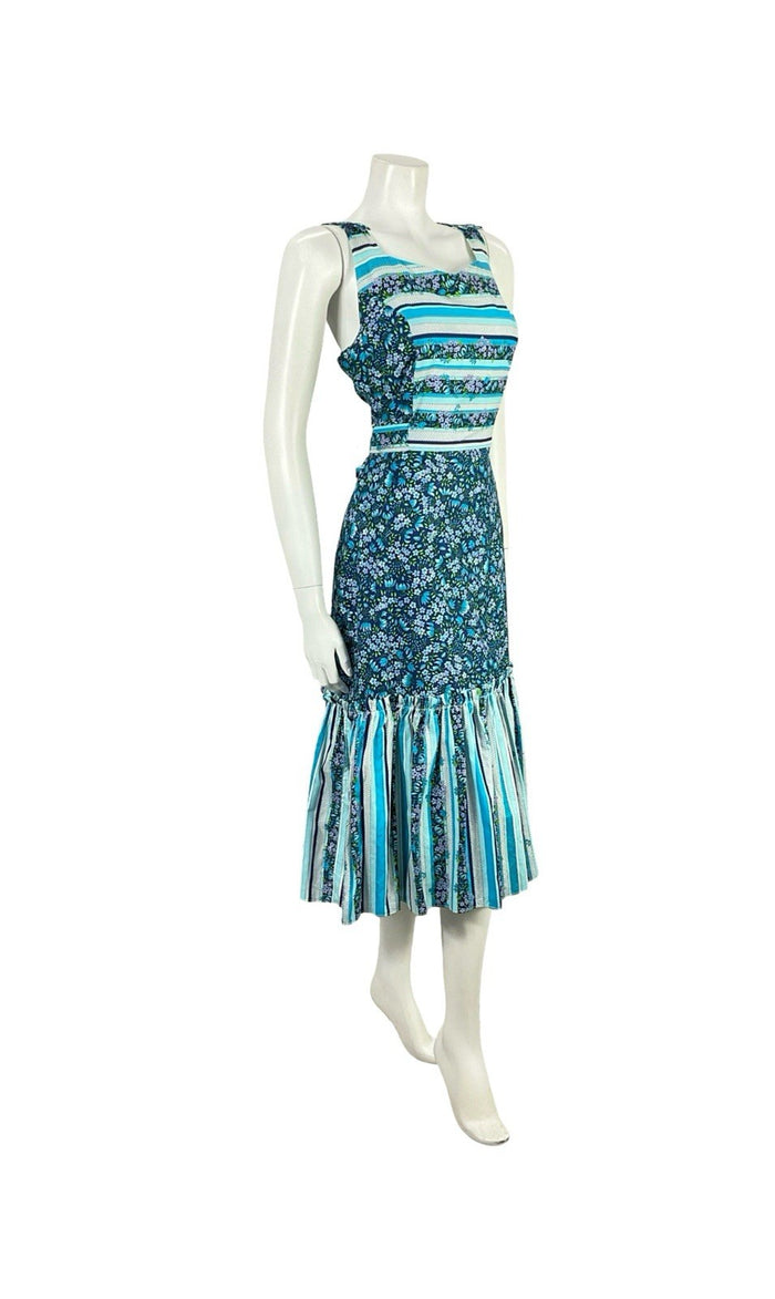 VTG 70S BLUE WHITE PURPLE GREEN FLORAL STRIPE COTTAGE RUFFLE SUN DRESS 10 12