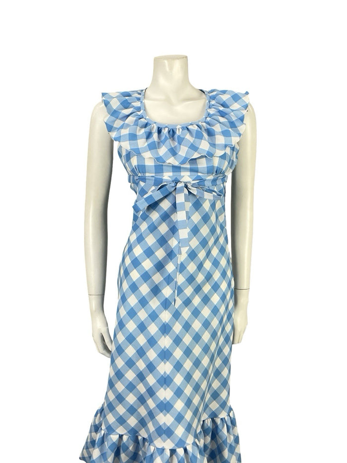 VTG 70S BLUE WHITE RUFFLE EMPIRE GINGHAM BOW COTTAGE PRAIRIE MIDI DRESS 8