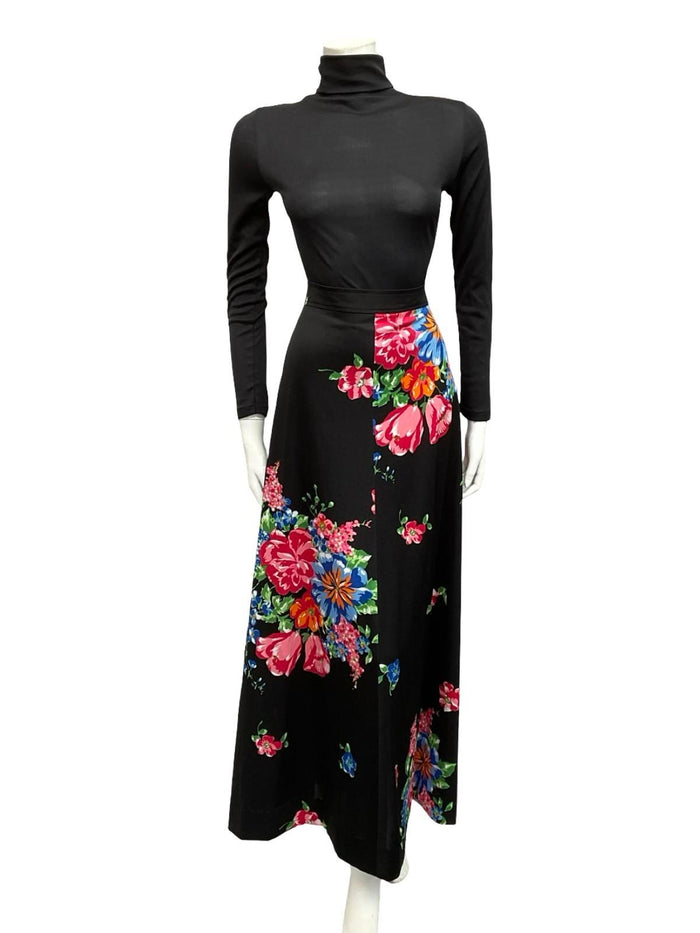 VTG 70S BOHO BLACK RED BLUE ORANGE GREEN FLORAL A LINE MAXI SKIRT 16