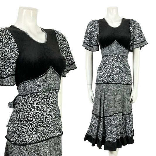 VTG 70S BOHO PRAIRIE BLACK WHITE TIERED TIE WAIST DITSY FLORAL DRESS 4 6