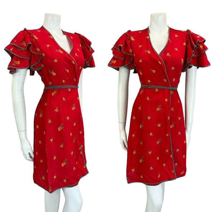 VTG 70S BOHO RED GREEN YELLOW ROSE FLORAL RUFFLE FLAMENCO SLEEVE WRAP DRESS 10