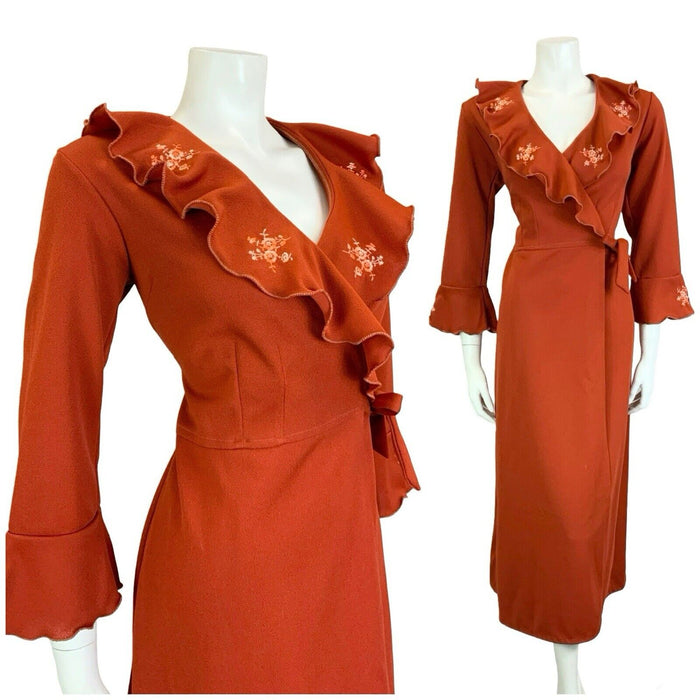 VTG 70S BOHO RUSTY RED PINK FLORAL EMBROIDERY RUFFLE WRAP MIDI DRESS S 8 10