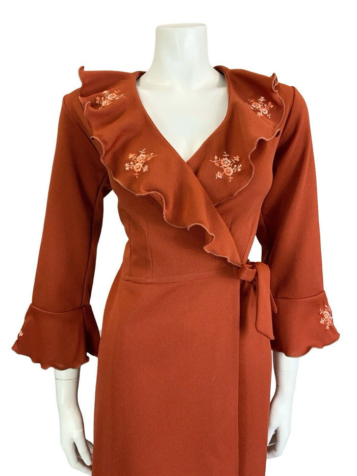 VTG 70S BOHO RUSTY RED PINK FLORAL EMBROIDERY RUFFLE WRAP MIDI DRESS S 8 10