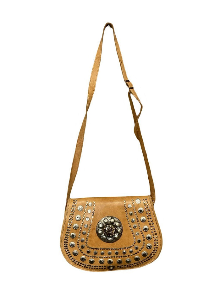 VTG 70S BOHO TAN BROWN SILVER STUDDED EMBELLISHED STONE METALWORK CROSS BODY BAG