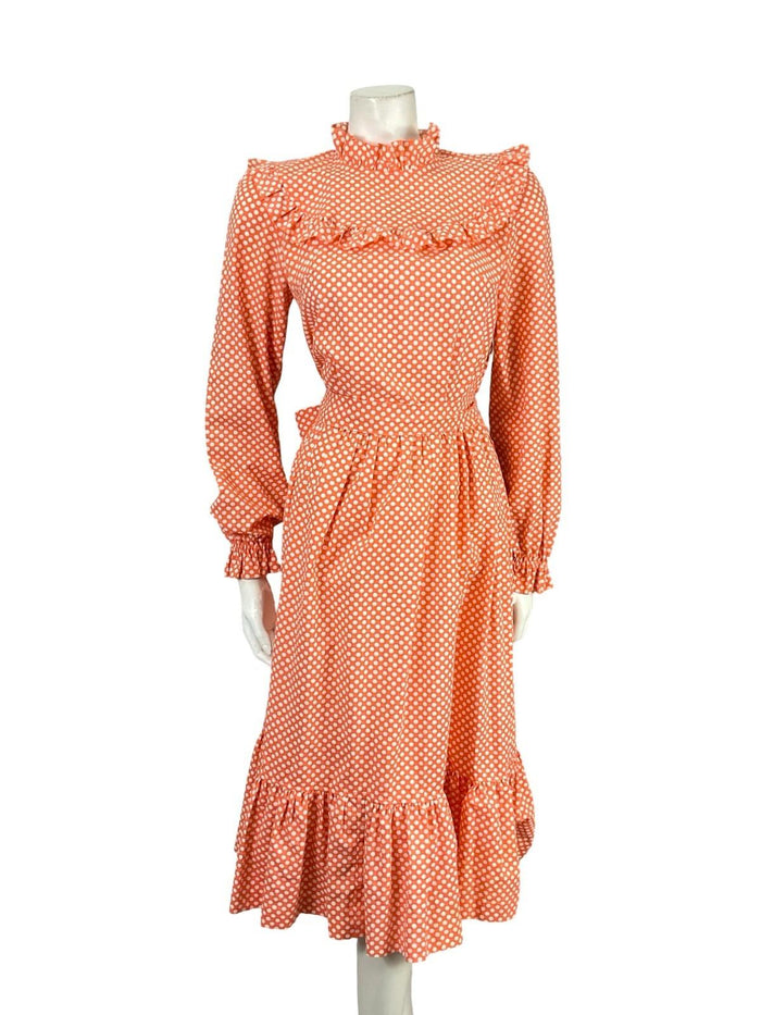 VTG 70S BRIGHT ORANGE WHITE GEOMETRIC EDWARDIAN POLKA DOT RUFFLE DRESS 8