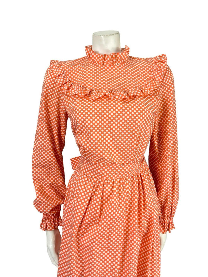VTG 70S BRIGHT ORANGE WHITE GEOMETRIC EDWARDIAN POLKA DOT RUFFLE DRESS 8