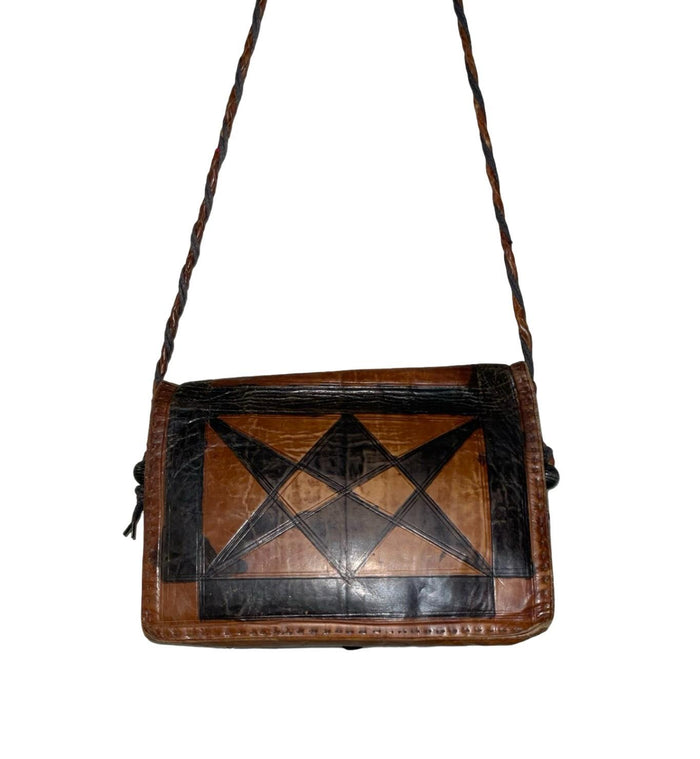 VTG 70S BROWN BLACK GEOMETRIC TRIANGLE BOHO HIPPY LEATHER CROSS BODY BAG