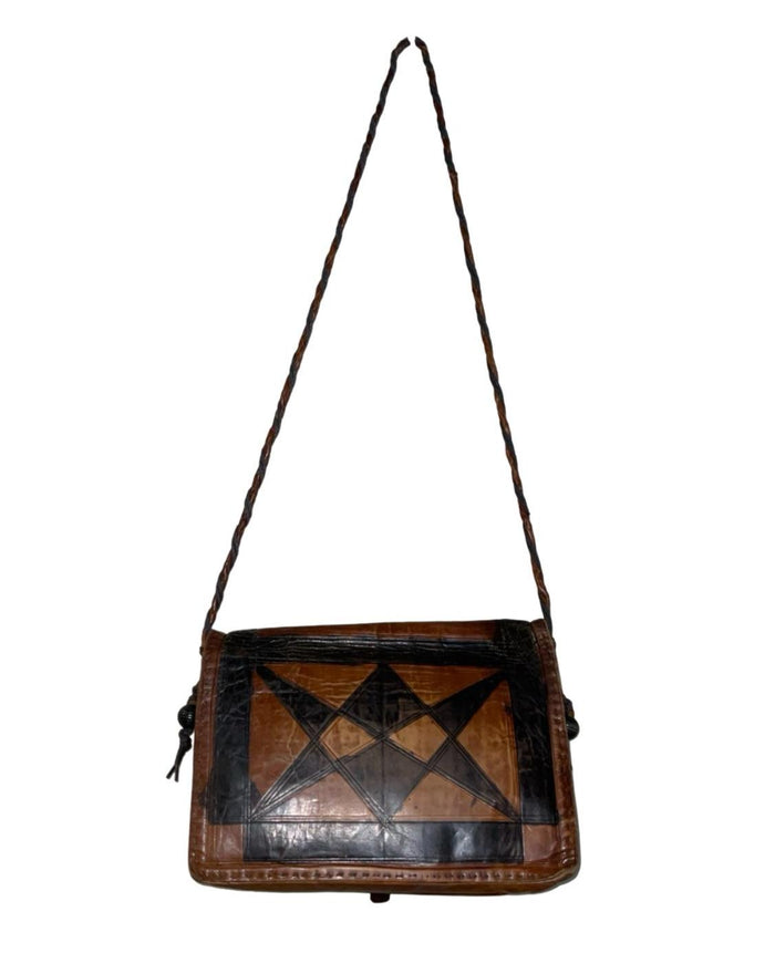 VTG 70S BROWN BLACK GEOMETRIC TRIANGLE BOHO HIPPY LEATHER CROSS BODY BAG