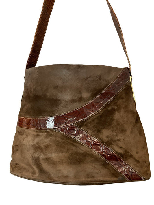 VTG 70S BROWN SUEDE SILVER GOLD GEOMETRIC PVC BOHO SHOULDER BAG