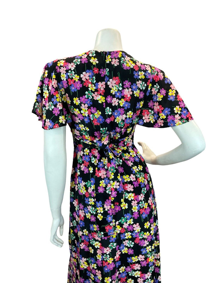 VTG 70S BUTTERFLY SLEEVE FLORAL MAXI DRESS BLACK PINK PURPLE GREEN YELLOW 8
