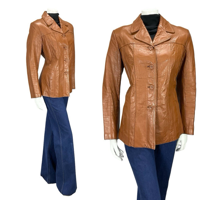 VTG 70S C&A TAN BROWN LEATHER NOTCH LAPEL JACKET WITH POCKETS 14