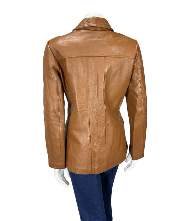 VTG 70S C&A TAN BROWN LEATHER NOTCH LAPEL JACKET WITH POCKETS 14