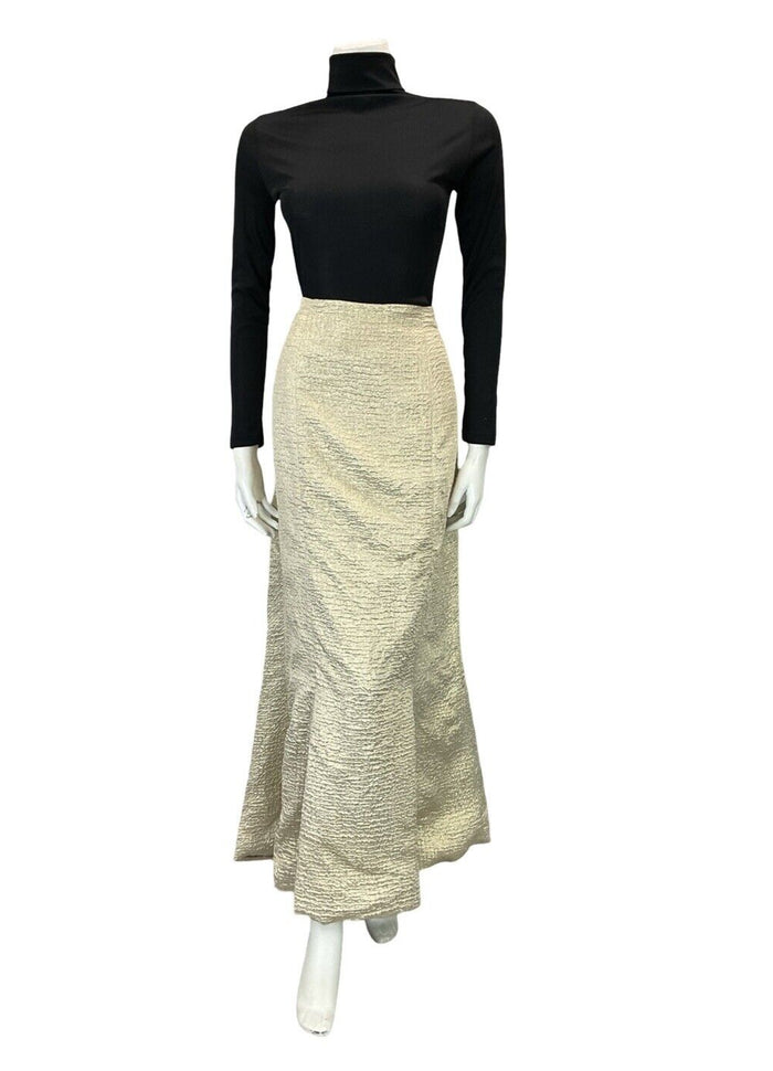 VTG 70S COOL GOLD FIT AND FLARE FISHTAIL CRINKLED PARTY FORMAL MAXI SKIRT 14