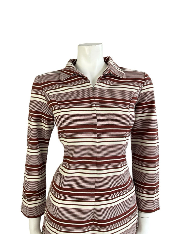VTG 70S CREAM BROWN RETRO STRIPED GEOMETRIC DOG EAR COLLAR ZIP TUNIC SHIRT 10 12