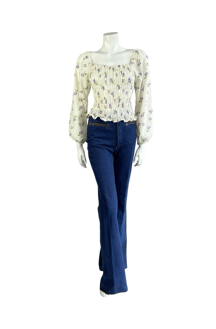 VTG 70S CREAM PURPLE PINK BROWN FLORAL RUCHED ELASTICATED ROMANTIC BLOUSE  8 10