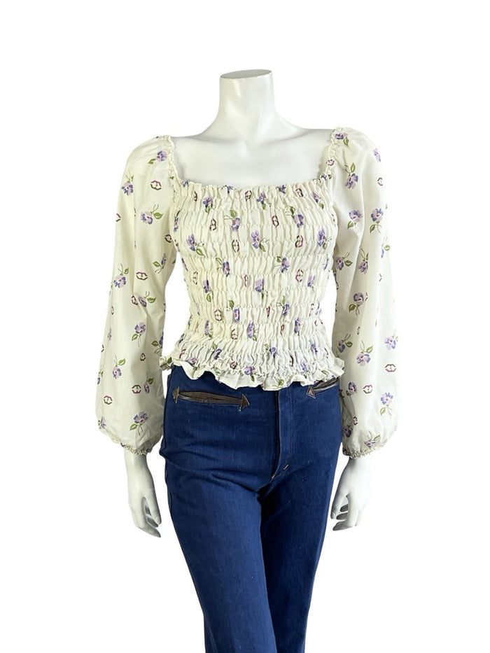 VTG 70S CREAM PURPLE PINK BROWN FLORAL RUCHED ELASTICATED ROMANTIC BLOUSE  8 10