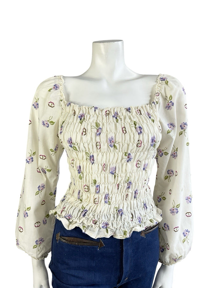 VTG 70S CREAM PURPLE PINK BROWN FLORAL RUCHED ELASTICATED ROMANTIC BLOUSE  8 10