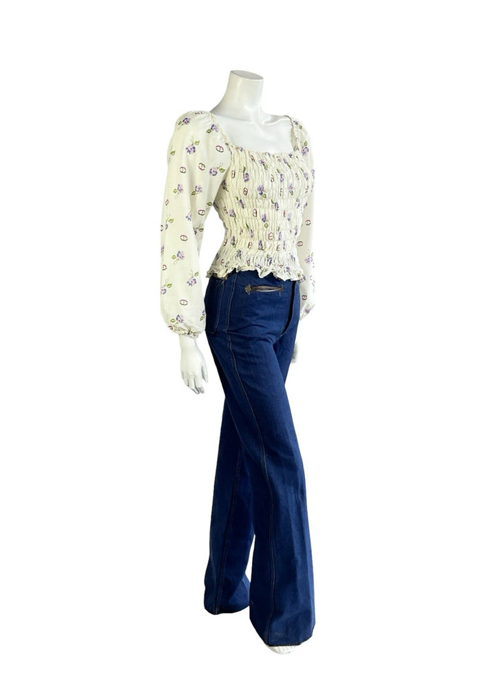 VTG 70S CREAM PURPLE PINK BROWN FLORAL RUCHED ELASTICATED ROMANTIC BLOUSE  8 10