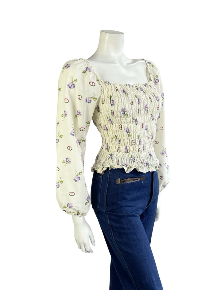 VTG 70S CREAM PURPLE PINK BROWN FLORAL RUCHED ELASTICATED ROMANTIC BLOUSE  8 10