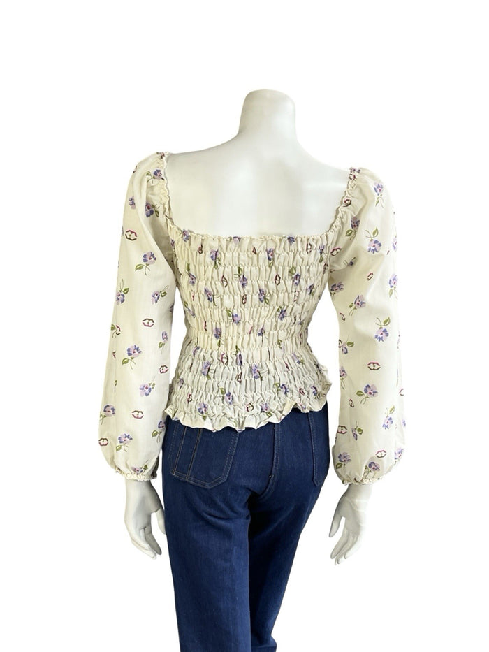 VTG 70S CREAM PURPLE PINK BROWN FLORAL RUCHED ELASTICATED ROMANTIC BLOUSE  8 10