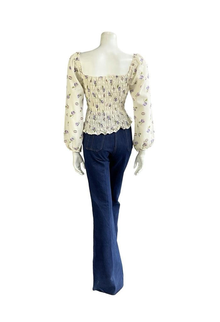 VTG 70S CREAM PURPLE PINK BROWN FLORAL RUCHED ELASTICATED ROMANTIC BLOUSE  8 10