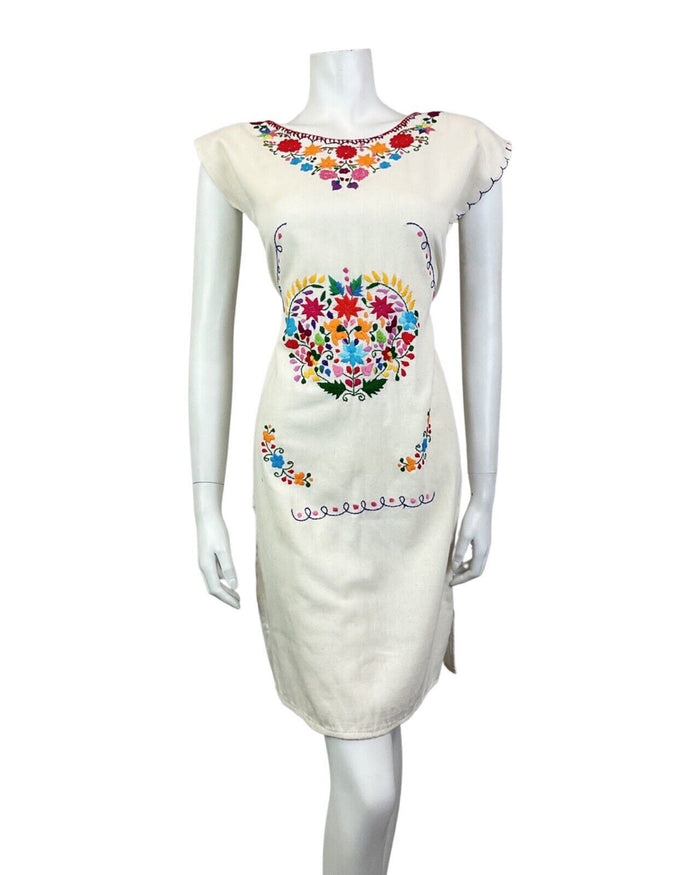 VTG 70s CREAM RED BLUE FLORAL EMBROIDERED MEXICAN FOLK SUMMER DRESS 8 10