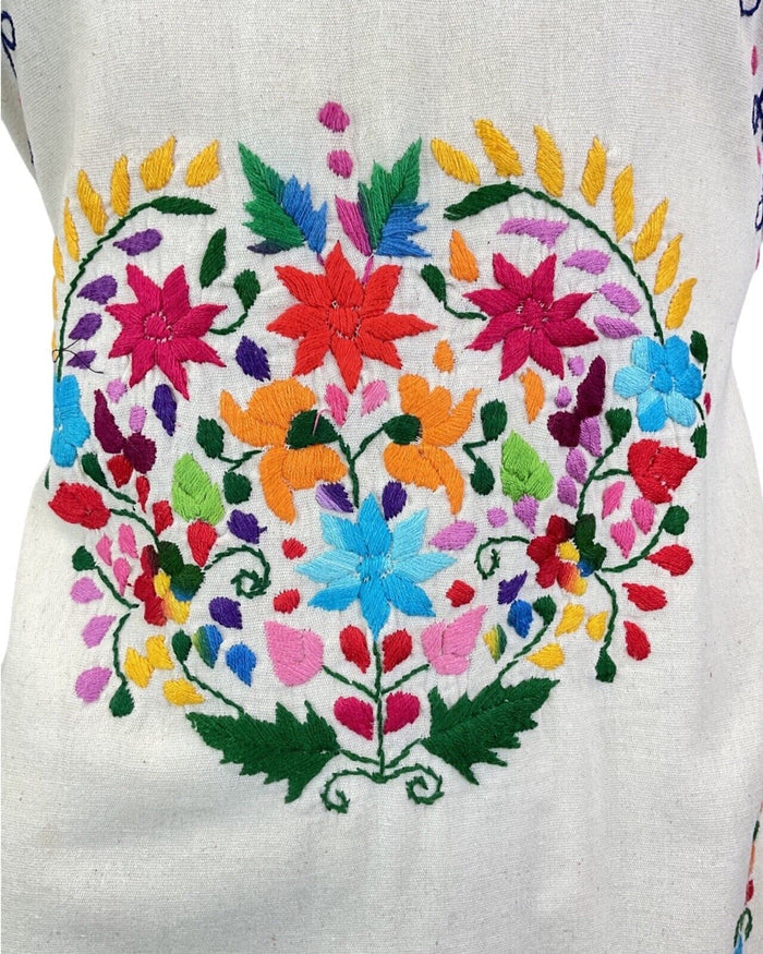 VTG 70s CREAM RED BLUE FLORAL EMBROIDERED MEXICAN FOLK SUMMER DRESS 8 10