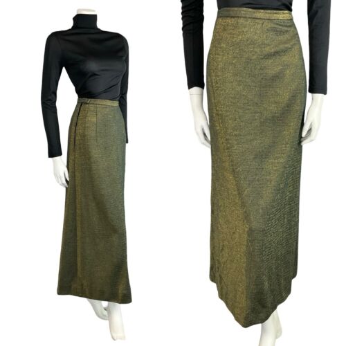 VTG 70S DISCO METALLIC DARK GOLD LUREX MAXI PENCIL PARTY OCCASION SKIRT S 8 10