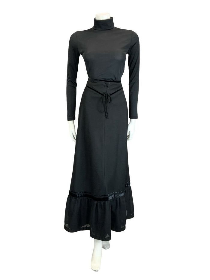 VTG 70S EDWARDIAN MEDIEVAL BLACK VELVET BASQUE WAIST RUFFLE MAXI SKIRT 4 6