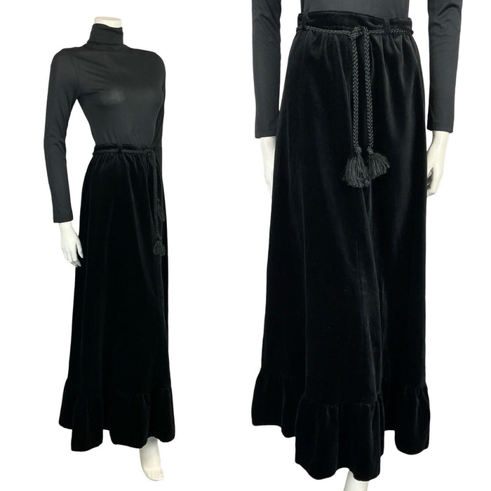 VTG 70S EDWARDIAN STYEL BLACK VELVET RUFFLE HEM TIE WAIST MAXI PARTY SKIRT 8