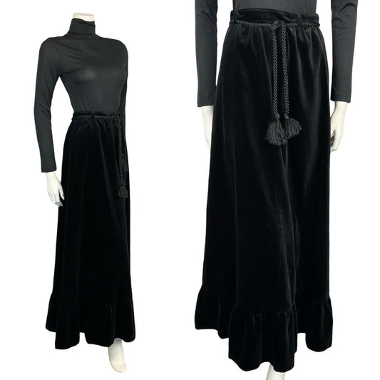 VTG 70S EDWARDIAN STYEL BLACK VELVET RUFFLE HEM TIE WAIST MAXI PARTY SKIRT 8